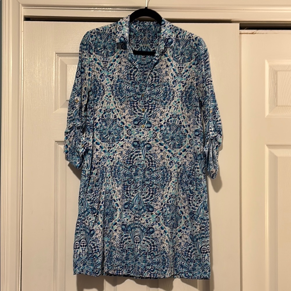 Lilly Pulitzer Blue and White Mini Dress 3/4 Sleeve Gold Buttons 💙🩵🤍